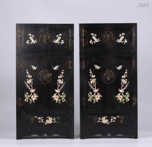 PAIR OF CHINESE GEMSTONE INLAID ROSEWOOD DOUBLE DOOR