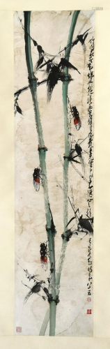 CHINESE SCROLL PAINTING OF CICADA ON BAMBOO SIGNED BY