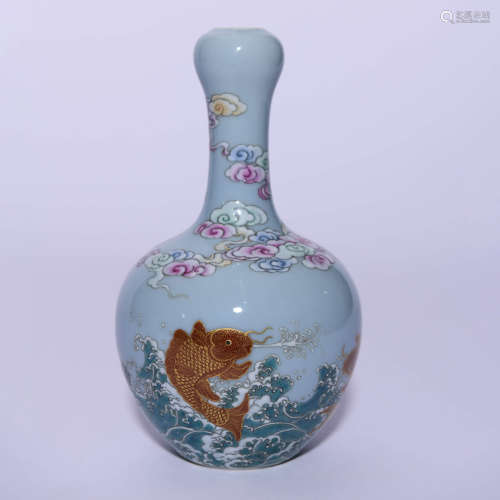 A Celadon-Glazed Clouds And Fish Garlic-Head-Shaped Vase