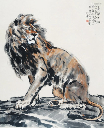CHINESE SCROLL PAINTING OF LION SIGNED BY XU BEIHONG