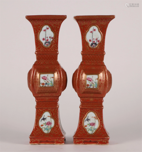 PAIR OF CHINESE PORCELAIN RED GLAZE FAMILLE ROSE SQUARE