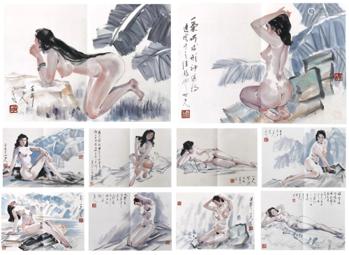 TEN PAGES OF CHINESE ALBUM PAINTING OF NUDE SIGNED…