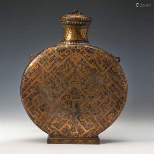 A Gold Inlaying Bronze Chi-dragon Flask