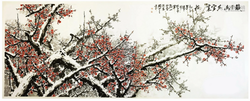 LARGE CHINESE SCROLL PAINTING OF PLUM BLOSSOMMINGS