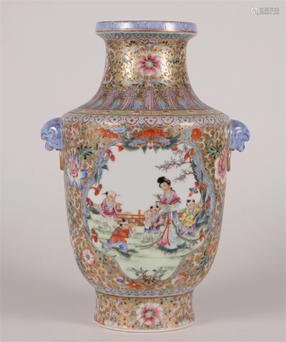CHINESE PORCELAIN FAMILLE ROSE LADY AND BOYS VASE QING
