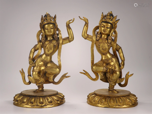 PAIR OF CHINESE GILT BRONZE STANDING GUANYIN QING