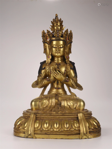 CHINESE GILT BRONZE SEATED THREE FACE GUANYIN QING
