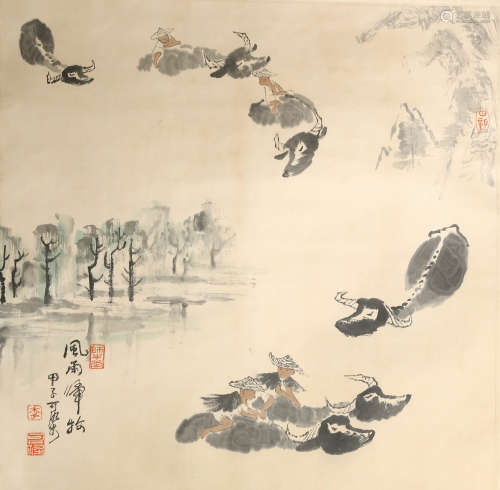A Chinese Boy Herding Painting Scroll, Li Keran Mark