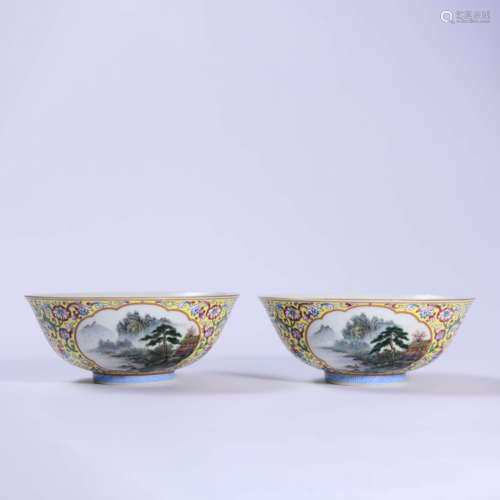 A Pair Of Famille Rose Landscape Bowls