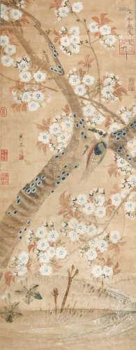 A Chinese Cherry Blossom And Rooster Painting Scroll, Zhao J...
