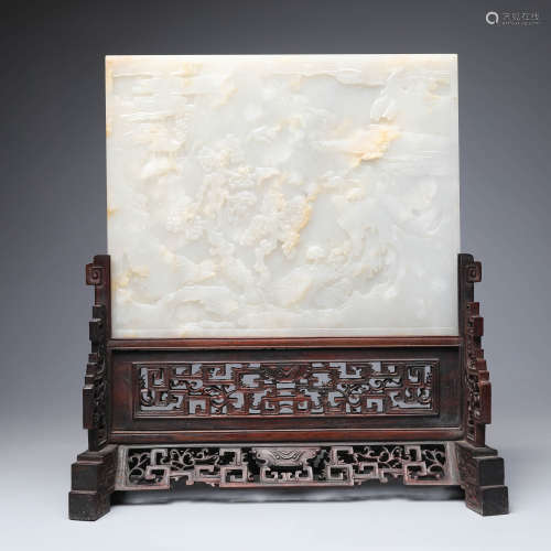A Carved White Jade Landscape Table Screen