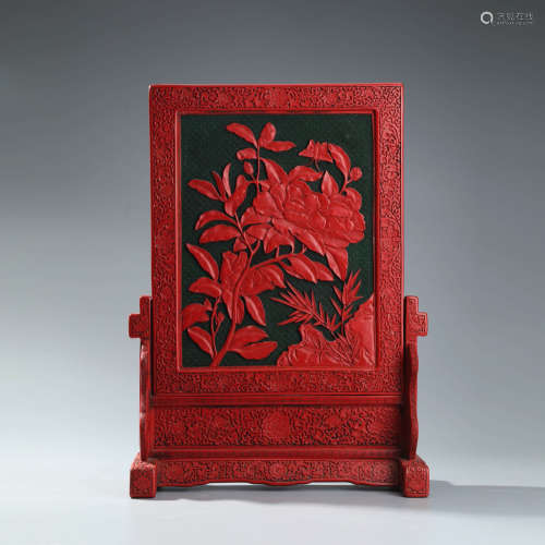 A Carved Cinnabar Lacquerware Floral Table Screen
