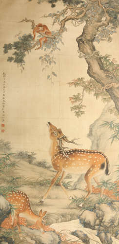 A Chinese Deers Painting Scroll, Shen Quandong Mark