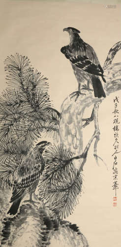 A Chinese Pine And Eagles Painting Scroll, Qi Baishi Mark