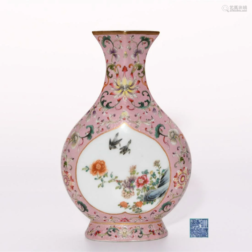 Famille Rose Floral and Bird Vase Qianlong Period
