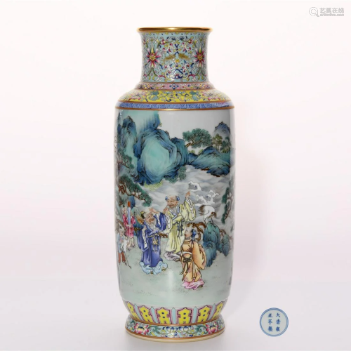 Famille Rose Figure among Landscape Vase Yongzheng