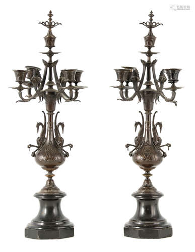 A PAIR OF LATE 19TH CENTURY PATINATED BRONZE AND BLACK MARBL...