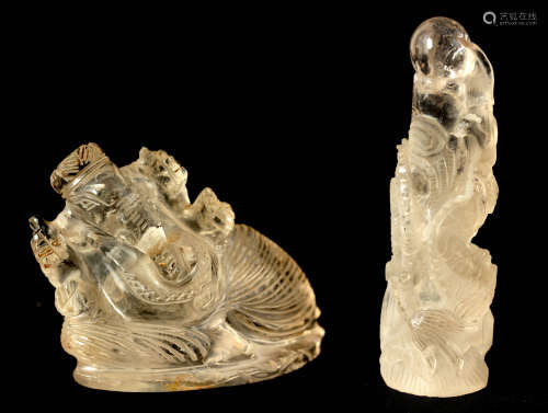 TWO SMALL ORIENTAL ROCK CRYSTAL FIGURES of dragon and elepha...