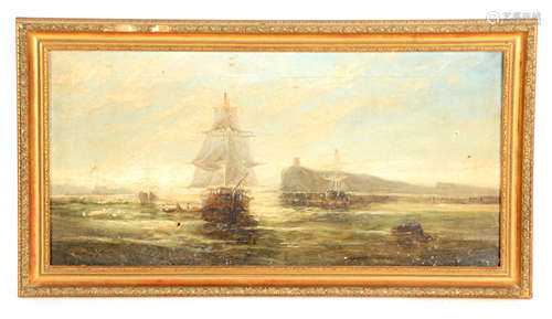 A 19TH CENTURY MARITIME OIL ON CANVAS Coastal scene with shi...