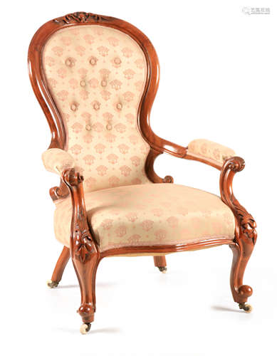 A MID 19TH CENTURY WALNUT UPHOLSTERED DRAWING ROOM CHAIR wit...