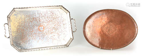 AN ARTS AND CRAFTS SILVER ON COPPER CLIPPED RECTANGULAR TRAY...