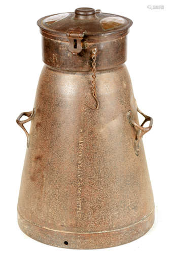 A 19TH CENTURY IRON AND BRASS MOUNTED MILK CHURN MADE FOR H....