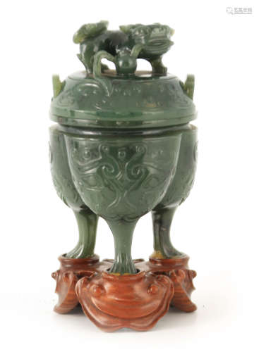 A CHINESE SPINAGE GREEN JADE KORO AND COVER of triple panell...