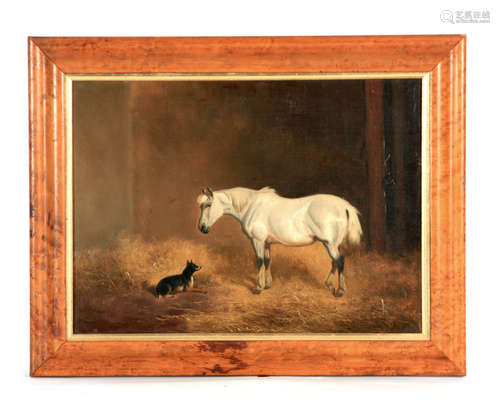 A 19TH CENTURY OIL ON CANVAS Stable scene depicting a horse ...