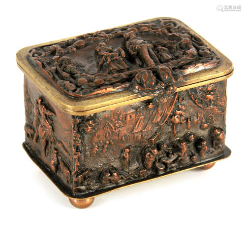 A 19TH CENTURY EMBOSSED BRONZE CASKET with finely detailed a...