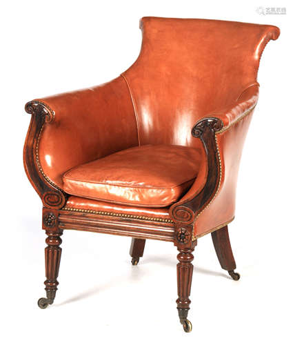 A LATE REGENCY ROSEWOOD FRAMED AND STUDDED TAN LEATHER UPHOL...