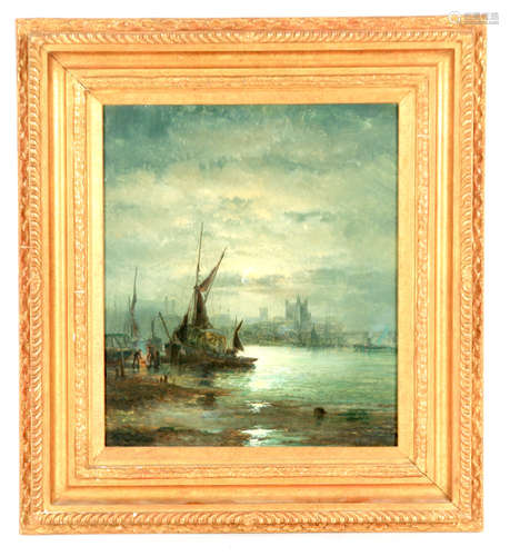 WILLIAM THORNLEY A 19TH CENTURY OIL ON CANVAS moonlit port s...