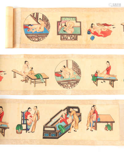 A 19TH CENTURY CHINESE EROTIC PAINTED SCROLL depicting colou...