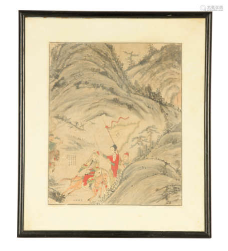 A 19TH CENTURY CHINESE WATERCOLOUR -warriors on horseback in...