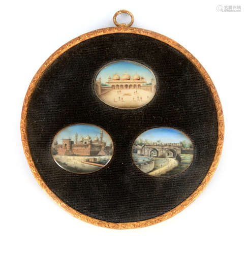 A FRAMED SET OF THREE 19TH CENTURY GRAND TOUR OVAL MINATURE ...