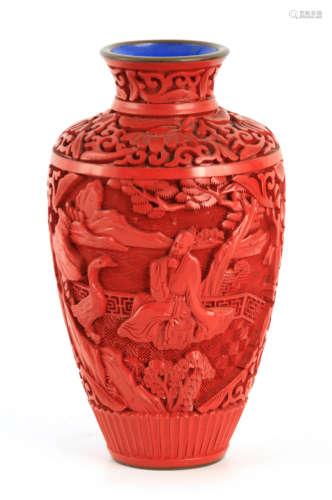 A CHINESE CINNABAR ON BLUE ENAMEL SHOULDERED TAPERING VASE w...