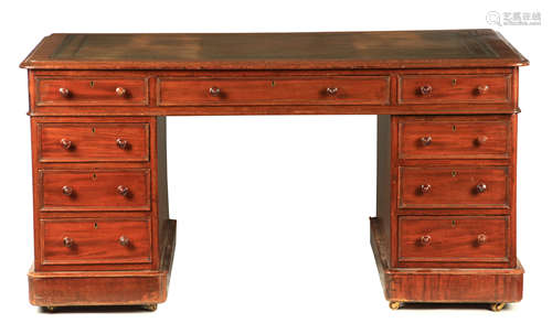 A 19TH CENTURY MAHOGANY PEDESTAL DESK with tooled leather to...