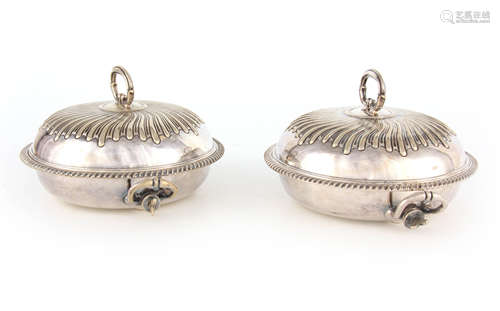 A PAIR OF 19TH CENTURY SILVER PLATE MUFFIN DISHES WITH HOT W...