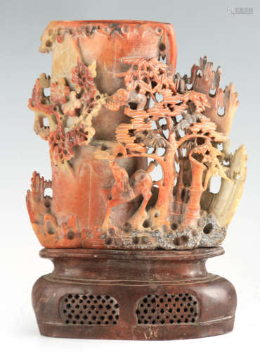 A LATE 19TH CENTURY CHINESE SOAPSTONE VASE ON STAND with fin...