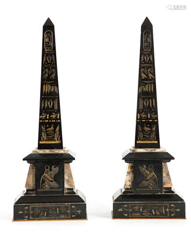 A PAIR OF 19TH CENTURY BLACK SLATE AND COLOURED MARBLE EGYPT...