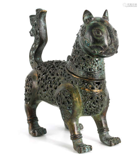 AN 18TH/19TH CENTURY PERSIAN FELINE ANIMAL'S HEAD CENSER wit...