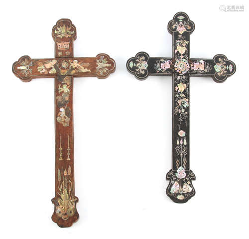 TWO 19TH CENTURY CONTINENTAL MOTHER OF PEARL INLAID CRUCIFIX...