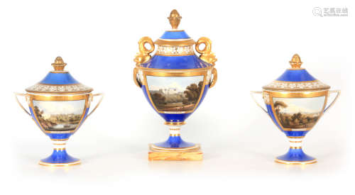 A FINE GARNITURE SET OF 3 EARLY 19TH CENTURY PORCELAIN COVER...