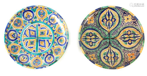 TWO COLOURFUL LARGE ISLAMIC SHALLOW DISHES both with floral ...