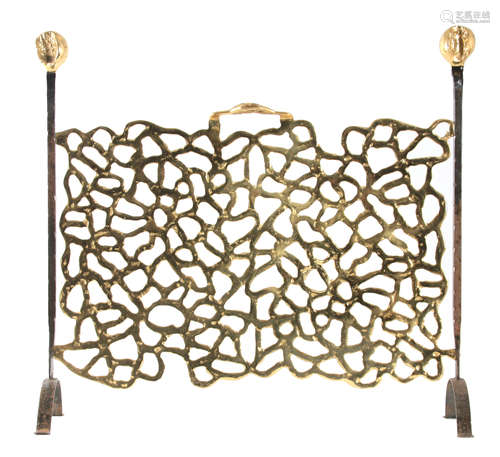 A STYLISH 1960's CAST IRON AND GILT BRONZE FIRE SCREEN of na...