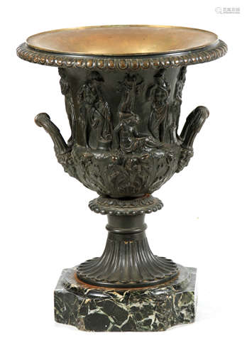 A LARGE 19TH CENTURY BRONZE TWO-HANDLED URN having classical...