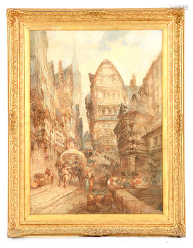 PAUL MARNY A 19TH CENTURY WATERCOLOUR French town scene with...