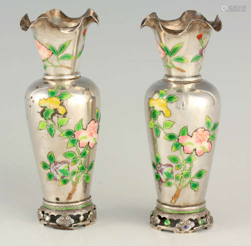 A PAIR OF 19TH CENTURY CHINESE SILVER AND ENAMEL VASES of sh...