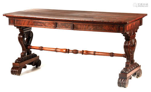 A FINE LATE REGENCY FIGURED MAHOGANY LIBRARY TABLE IN THE MA...