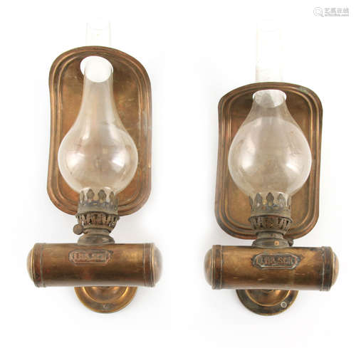 A PAIR OF LATE 19TH CENTURY BRASS OIL BURNING RAILWAY LAMPS ...