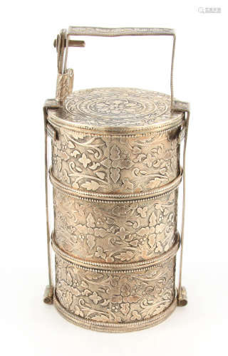 AN EARLY 20TH CENTURY ORIENTAL SILVER SPICE TOWER having thr...
